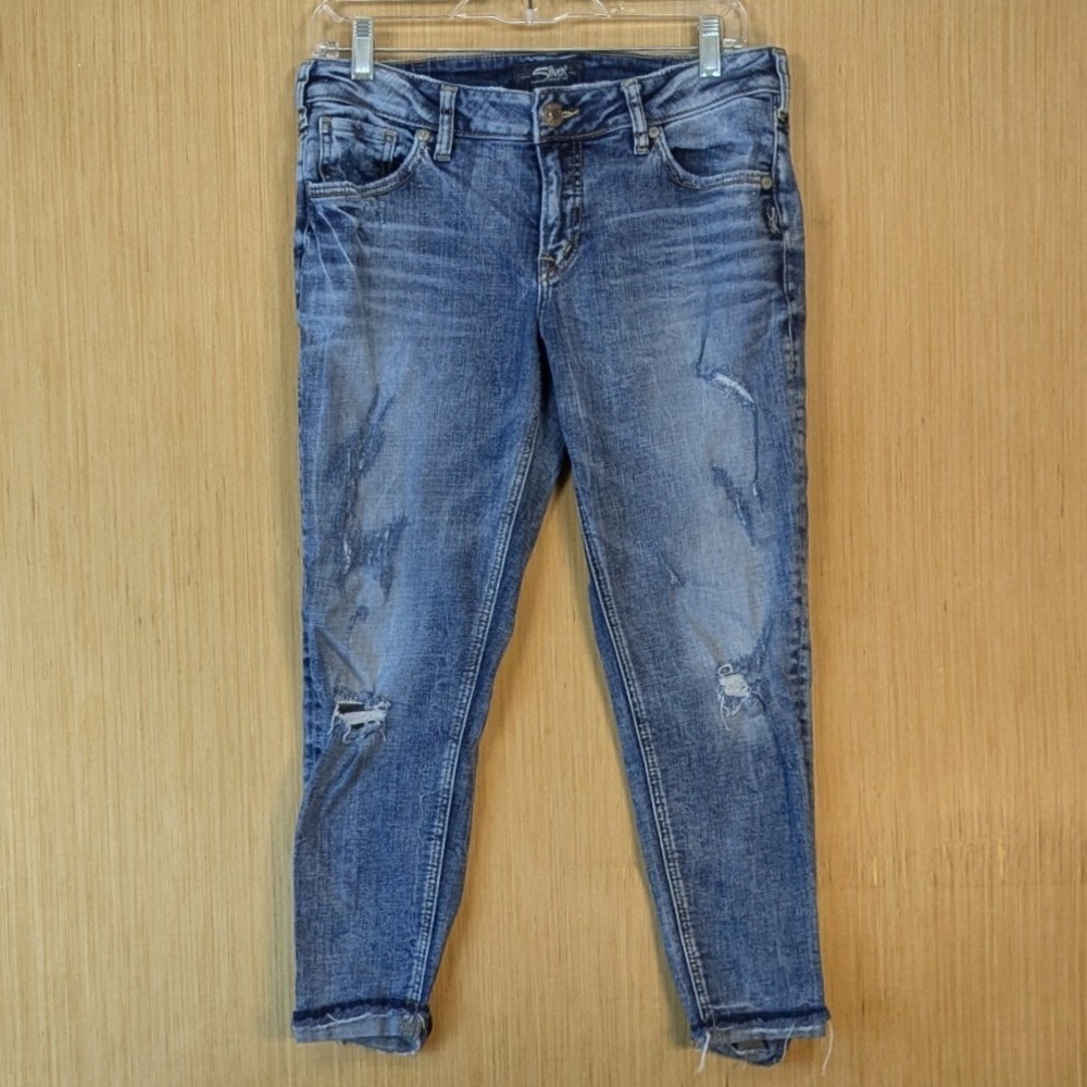 Silver Jeans Co Kenni Low Rise Skinny Cropped‎ Distressed Jeans Blue W30 L25